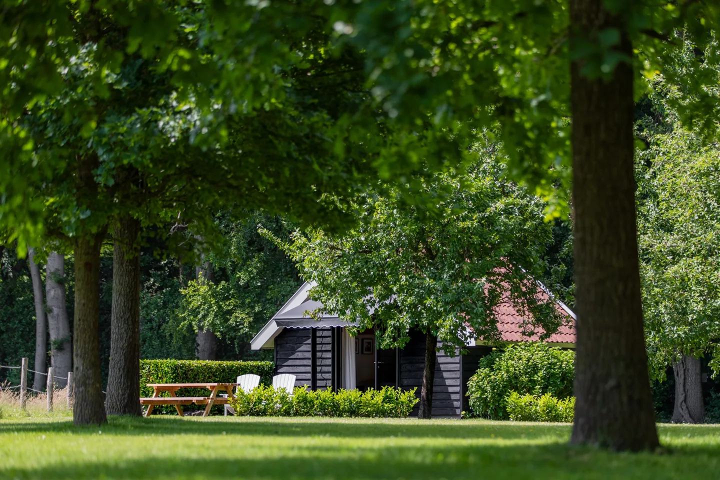 Het huisje tussen de bomen op Landgoed Groot Brunink